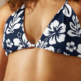 Navy Blue and White Hawaiian Flowers String Bikini Top