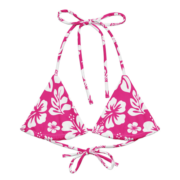 Hot Pink and White Hawaiian Flowers String Bikini Top