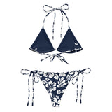 White Hawaiian Flowers on Navy Blue String Bikini - Extremely Stoked