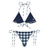 Navy Blue and White Gingham Check String Bikini Swimsuit