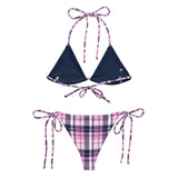 Pink and Navy Blue Preppy Surfer Girl Plaid String Bikini Swimsuit