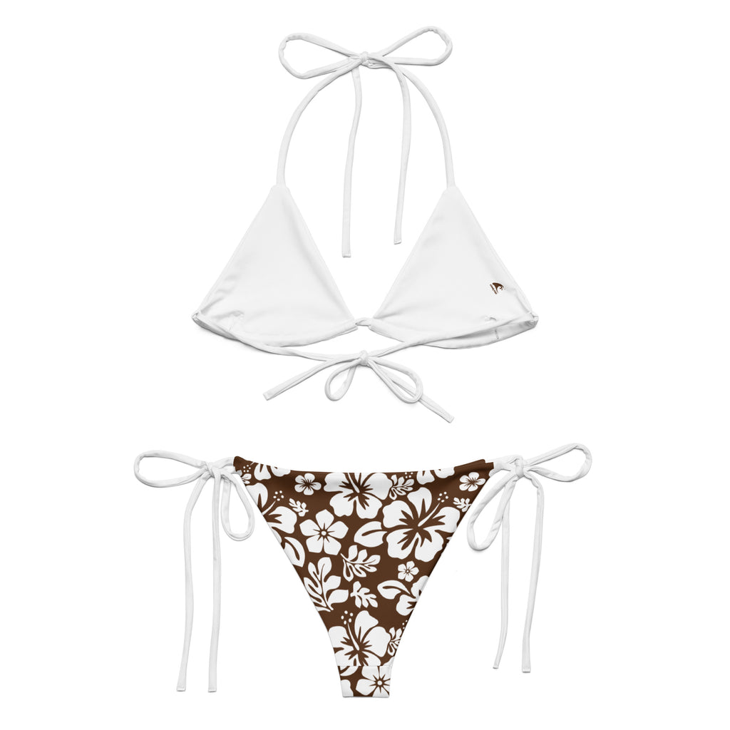 White Hawaiian Flowers on Brown String Bikini – Eco Swimwear by Extrem ...