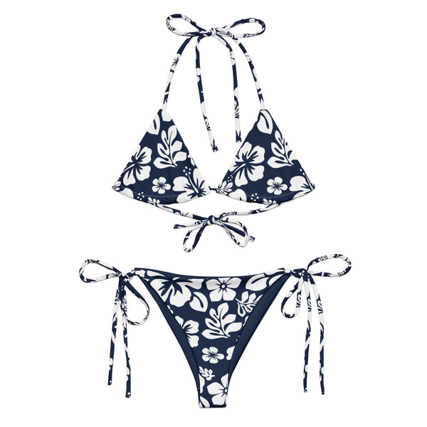 White Hawaiian Flowers on Navy Blue String Bikini - Extremely Stoked