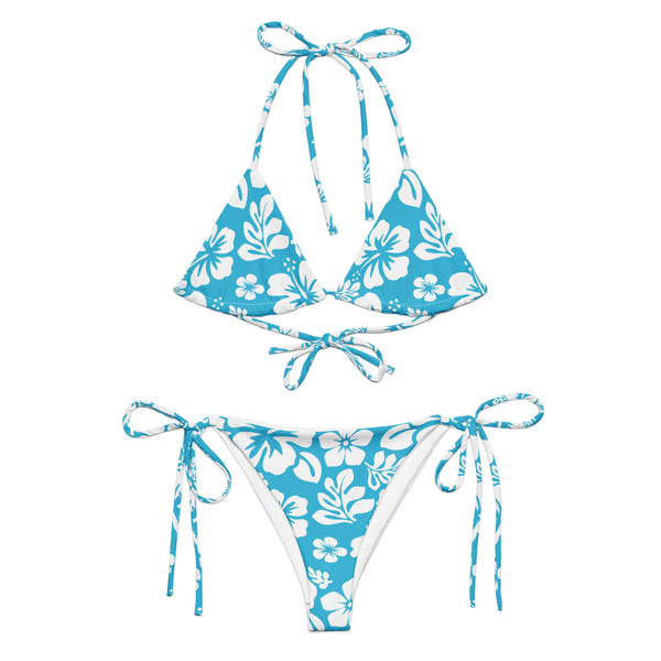 White Hawaiian Flowers on Aqua Ocean Blue String Bikini - Extremely Stoked