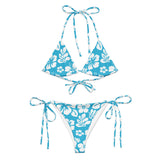 White Hawaiian Flowers on Aqua Ocean Blue String Bikini - Extremely Stoked