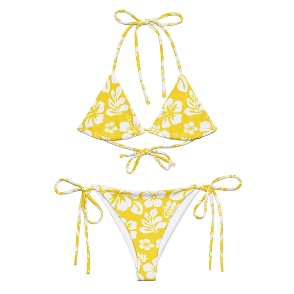 White Hawaiian Flowers on Yellow String Bikini - Extremely Stoked