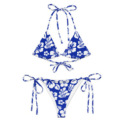 White Hawaiian Flowers on Royal Blue String Bikini