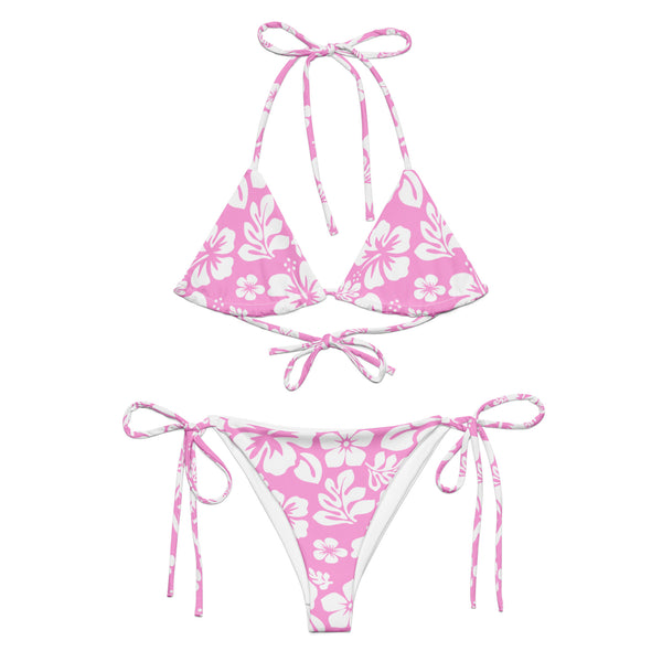 White Hawaiian Flowers on Pink String Bikini - Extremely Stoked