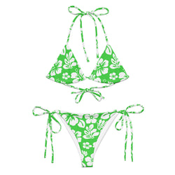 White Hawaiian Flowers on Lime Green String Bikini - Extremely Stoked