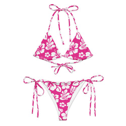 White Hawaiian Flowers on Hot Pink String Bikini - Extremely Stoked