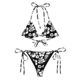 White Hawaiian Flowers on Black String Bikini - Extremely Stoked