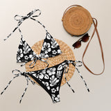 White Hawaiian Flowers on Black String Bikini - Extremely Stoked