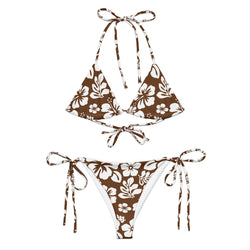 White Hawaiian Flowers on Brown String Bikini - Extremely Stoked