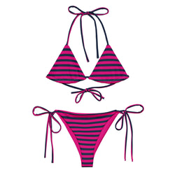 Navy Blue and Medium Violet Red Classic Beach Stripes String Bikini - Extremely Stoked