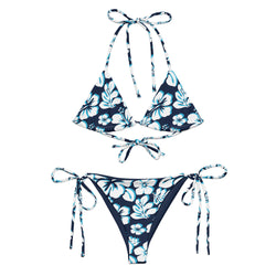 White, Aqua Blue and Navy Blue Hawaiian Flowers String Bikini