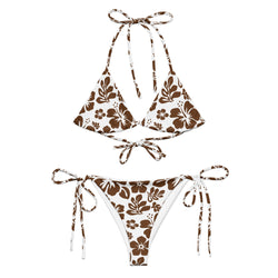 Brown on White Hawaiian Flowers String Bikini