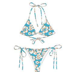 White, Aqua Blue and Orange Hawaiian Flowers String Bikini