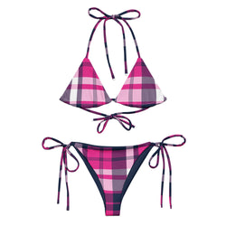 Hot Pink and Navy Blue Preppy Surfer Girl Plaid String Bikini Swimsuit
