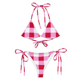 Cherry Red, White and Pink Big Gingham Check String Bikini Swimsuit