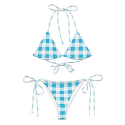 Aqua Blue and White Gingham String Bikini Swimsuit