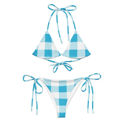 Aqua Blue and White Big Gingham Check String Bikini Swimsuit