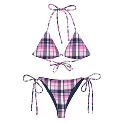 Pink and Navy Blue Preppy Surfer Girl Plaid String Bikini Swimsuit