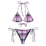 Pink and Navy Blue Preppy Surfer Girl Plaid String Bikini Swimsuit