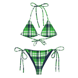 Lime Green and Navy Blue Preppy Surfer Girl Plaid String Bikini