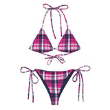 Hot Pink and Navy Blue Preppy Surfer Girl Plaid String Bikini Swimsuit