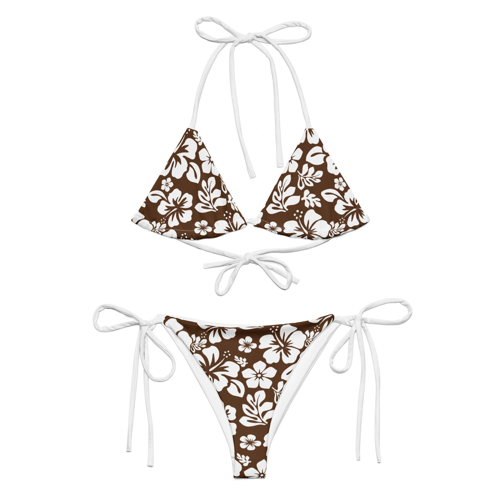 White Hawaiian Flowers on Brown String Bikini – Eco Swimwear by Extrem ...