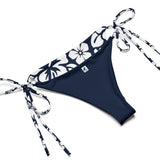 White Hawaiian Flowers on Navy Blue String Bikini - Extremely Stoked