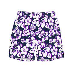 White and Purple Hawaiian Flowers on Navy Blue Men's Swimsuit - Extremely Stoked