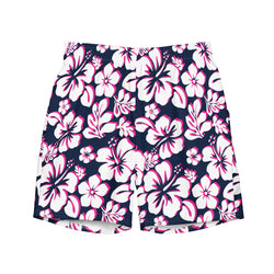 White and Hot Pink Hawaiian Flowers on Navy Blue Men's Swim Suit - Extremely Stoked