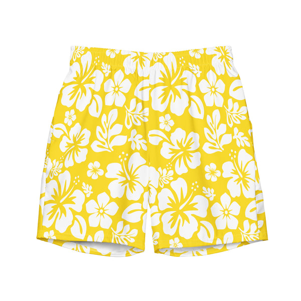 White and Yellow Hawaiian Flowers Men's Swim Suit - Extremely Stoked
