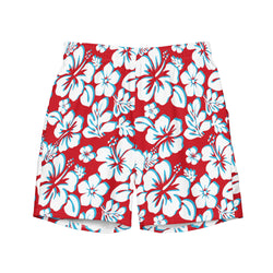 Red, White and Aqua Blue Hawaiian Flowers Men's Swimsuit