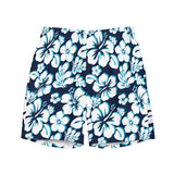 Navy Blue, Aqua Blue and White Hawaiian Flowers Men's Swimsuits