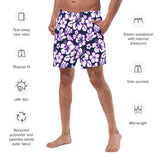 White and Purple Hawaiian Flowers on Navy Blue Men's Swimsuit - Extremely Stoked