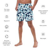 Navy Blue, Aqua Blue and White Hawaiian Flowers Men's Swimsuits