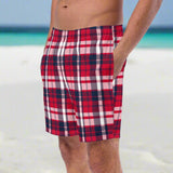 Red, White and Navy Blue Preppy Surfer Plaid Men's Swimsuit