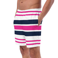 Hot Pink, White and Navy Blue Beach Stripes Men's Swim Shorts