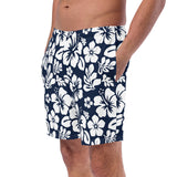 Navy Blue and White Hawaiian Flowers Men's Swimsuit