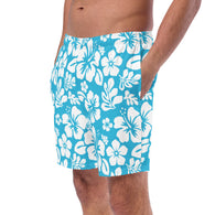 Aqua Blue and White Hawaiian Flowers Men's Swimsuit