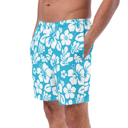 Aqua Blue and White Hawaiian Flowers Men's Swimsuit