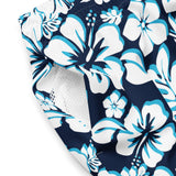 Navy Blue, Aqua Blue and White Hawaiian Flowers Men's Swimsuits