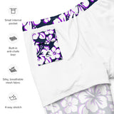 White and Purple Hawaiian Flowers on Navy Blue Men's Swimsuit - Extremely Stoked