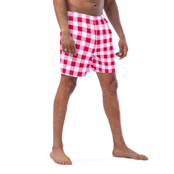 Cherry Red, White and Pink Preppy Gingham Men's Swim Shorts