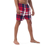 Red, White and Navy Blue Preppy Surfer Plaid Men's Swimsuit