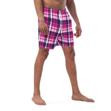 Hot Pink and Navy Blue Preppy Surfer Plaid Men's Swimsuit