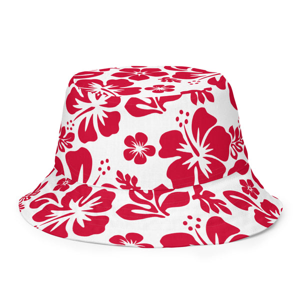 Red and White Hawaiian Flowers Reversible Bucket Hat