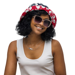 Red, White and Navy Blue Hawaiian Flowers Reversible Bucket Hat